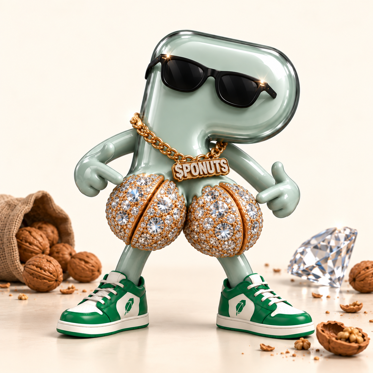 Mascot displaying diamond hands shell mindset