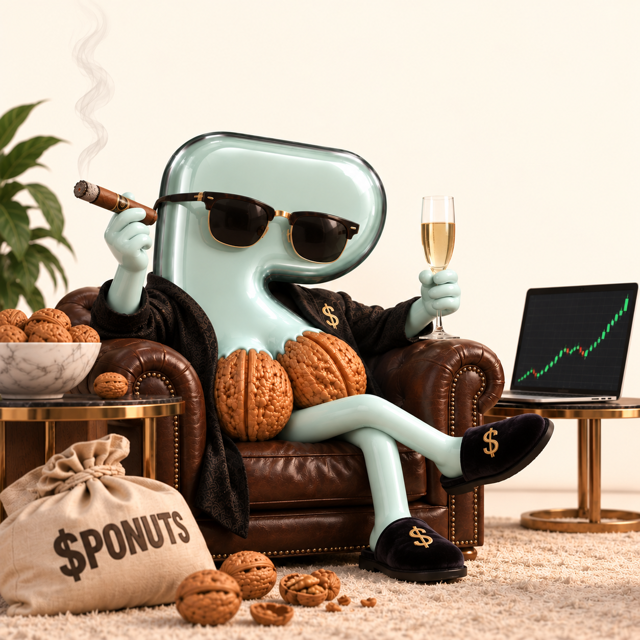 Mascot lounging in a dip bowl wearing green sneakers